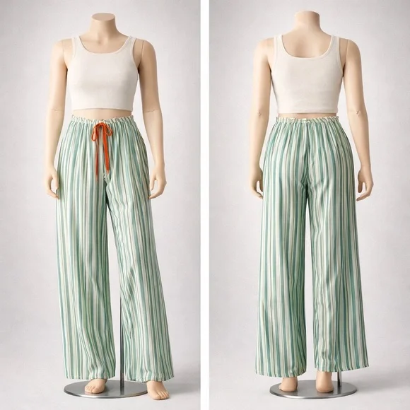 Striped Wide-Leg Drawstring Pants in Light Green - Picture 2 of 4